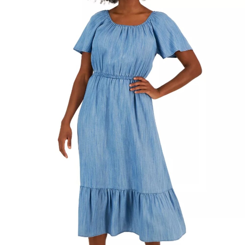On Off-The-Shoulder Chambray Midi Dress